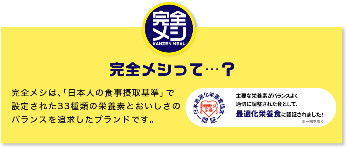 完全メシは、「日本人の食事摂取基準」で設定された33種類の栄養素とおいしさのバランスを追求したブランドです。