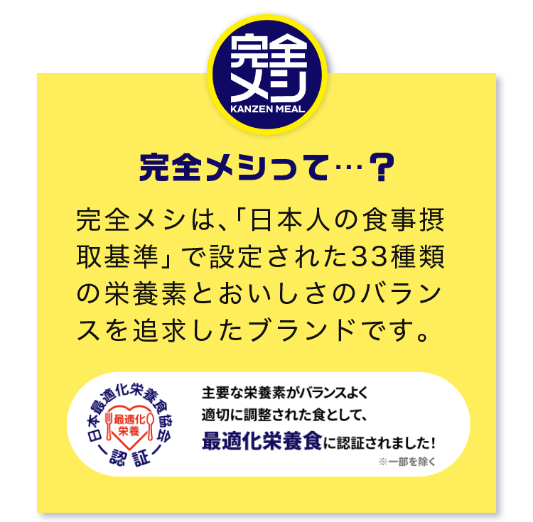 完全メシは、「日本人の食事摂取基準」で設定された33種類の栄養素とおいしさのバランスを追求したブランドです。